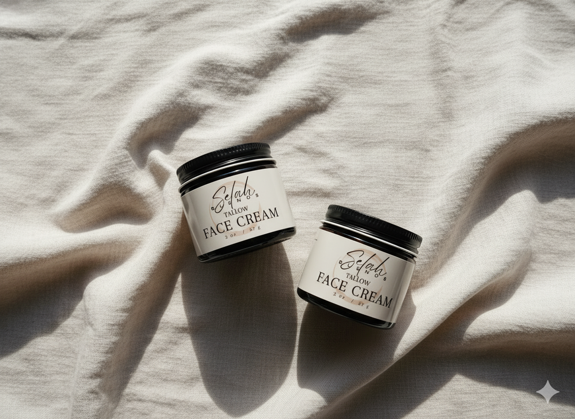 Two jars of face cream on a textured fabric background